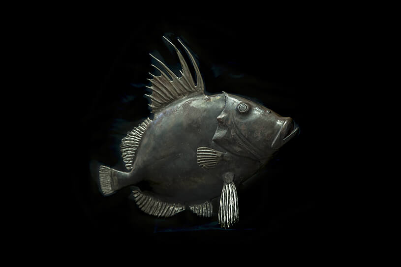 Forged iron John Dory, deep-bodied with long trailing dorsal spines, floating against black.