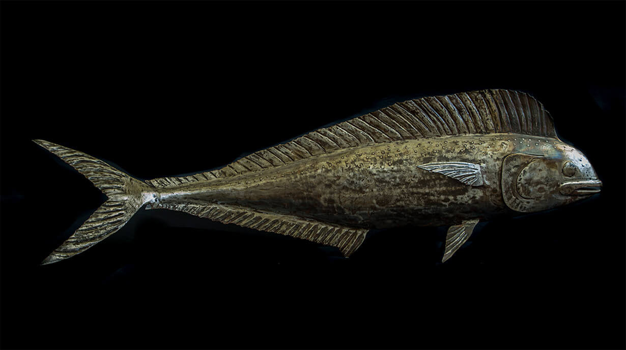 Forged iron mahi-mahi in profile, its hammered scales and swept dorsal fin catching the light against a black background.